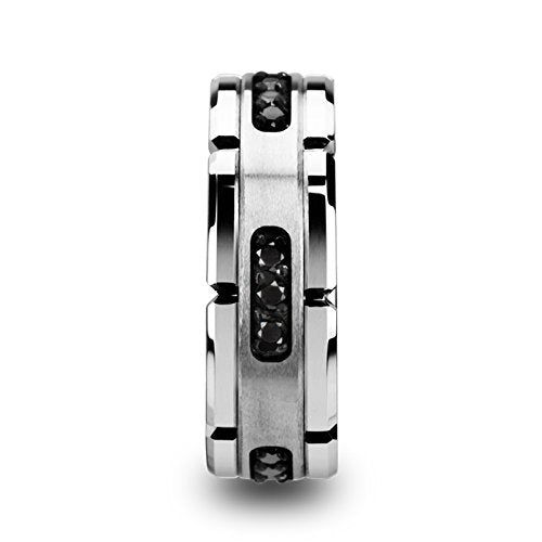 Load image into Gallery viewer, Thorsten Valor Grooved Tungsten Ring Wedding Band with Silver Inlay and 1/4-Carat tw Black Diamonds 8mm from Roy Rose Jewelry Size 12