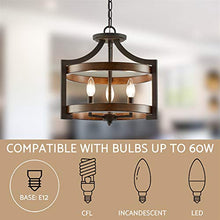 Load image into Gallery viewer, Kira Home Woodrow 15" 3-Light Industrial Farmhouse Semi Flush Convertible Pendant Light + Wood Style Metal Drum Shade, Textured Black + Walnut Style Finish
