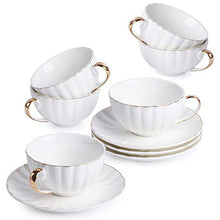 Load image into Gallery viewer, BTaT- Tea Cups and Saucers, Set of 6 (7 oz) with Gold Trim and Gift Box, Cappuccino Cups, Coffee Cups, White Tea Cup Set, British Coffee Cups, Porcelain Tea Set, Latte Cups, Espresso Mug, White Cup
