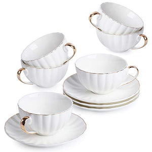 BTaT- Tea Cups and Saucers, Set of 6 (7 oz) with Gold Trim and Gift Box, Cappuccino Cups, Coffee Cups, White Tea Cup Set, British Coffee Cups, Porcelain Tea Set, Latte Cups, Espresso Mug, White Cup