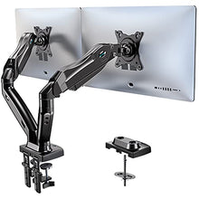 Load image into Gallery viewer, HUANUO Dual Monitor Stand, Adjustable Spring Monitor Desk Mount Swivel Vesa Bracket with C Clamp/Grommet Mounting Base for 17 to 27 Inch Computer Screens, Each Arm Holds 4.4 to 14.3lbs
