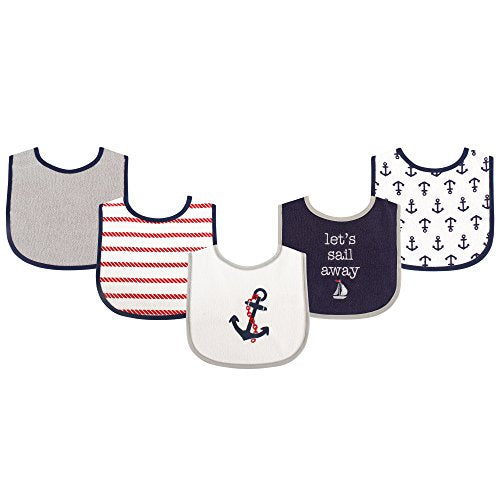 Luvable Friends Unisex Baby Cotton Terry Drooler Bibs with PEVA Back, Boy Nautical, One Size