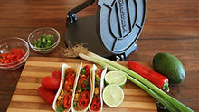 Load image into Gallery viewer, 10 Inch Cast Iron Tortilla Press by StarBlue with FREE 100 Pieces Oil Paper and Recipes e-book - Tool to make Indian style Chapati, Tortilla, Roti
