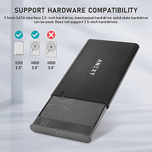 ANEXT 2.5 USB 3.1 Gen2 External Hard Drive Enclosure, Portable Black Aluminum Hard Disk Case for 2.5 inch 7mm 9.5mm SATA HDD SSD, Max 4TB - Anext Series.(Includes a USB C to USB C Cable)