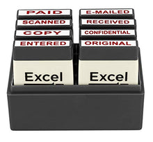 Load image into Gallery viewer, ExcelMark Mini Office Message Rubber Stamp Set - Red Ink - Storage Tray Included
