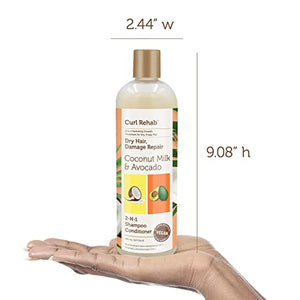 Curl Rehab Dry Hair/Damage Repair Treatment 2 in 1 Shampoo Conditioner (3 Pack), Enriched with Coconut Milk & Avocado, 16 Oz