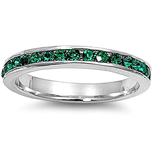 Blue Apple Co. 3mm Channel Set Full Eternity Wedding Band Ring Round Simulated Green Emerald 925 Sterling Silver, Size-6