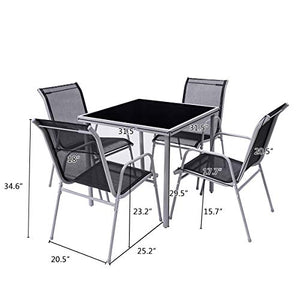 Giantex Dining Table Set Bistro Set with 1 Table and 4 Chairs Indoor Outdoor Garden Patio Dining Furniture with Tempered Glass Tabletop and Steel Frame (Black)