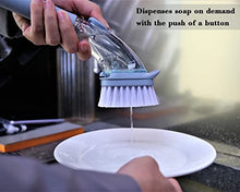 Load image into Gallery viewer, DAPOWER Soap Dispensing Dish Brush with Handle, Kitchen Washing Scrubber for Dishes Pots Pans Sink Cleaning, Natural Sisal Bristles, PET Bristles, Sponge Brush, 4 Replaceable Brush Heads (Grey)
