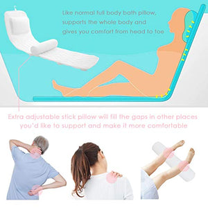 Bath Pillow Full Body, Adjustable Stick Pillow for Waist Support, Head Neck Shoulder Back Rest 11 Suction Cups 3D Mesh Washable