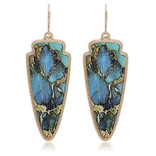 Load image into Gallery viewer, Marble Effect on Recycled Wood, Arrowhead Shape Drop Statement Earrings
