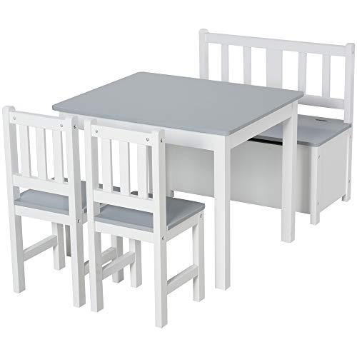 Qaba 4-Piece Set Kids Wood Table Chair Bench with Storage Function Toddlers Age 3 Years up, Grey and White