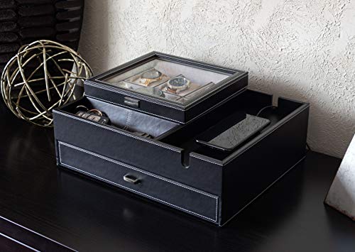 Load image into Gallery viewer, HOUNDSBAY Commander Dresser Valet Watch Box Case & Mens Jewelry Box Organizer with Smartphone Charging Station (Black/Gray)