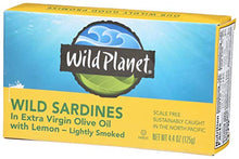 Load image into Gallery viewer, Wild Planet Wild Sardines in Extra Virgin Olive Oil with Lemon, Keto and Paleo, 3rd Party Mercury Tested, 4.4 Ounce
