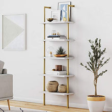 Load image into Gallery viewer, Nathan James Theo 5-Shelf Modern Bookcase, Open Wall Mount Ladder Bookshelf with Industrial Metal Frame, White/Gold
