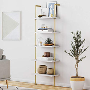 Nathan James Theo 5-Shelf Modern Bookcase, Open Wall Mount Ladder Bookshelf with Industrial Metal Frame, White/Gold
