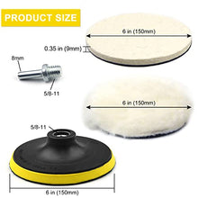 Load image into Gallery viewer, 6 Inch Buffing Wool Pads 8PCS Kit, Felt Polishing Pad Buffing Wheel for Drill Woolen Wax Pad and 5/8&#39;&#39;-11 Thread Hook &amp; Loop Backer Plate with Drill Adapter for Car Boat Polish, Waxing, Sealing, Glaze
