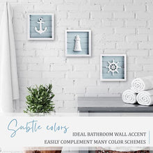 Load image into Gallery viewer, TideAndTales Nautical Wall Decor Set of 3 (7"x7") Rustic Beach Decor with 3D Anchor, Lighthouse and Ship Wheel | Wooden Beach Bathroom Decor | Ocean Coastal Theme Decorations for Home Nautical Gifts
