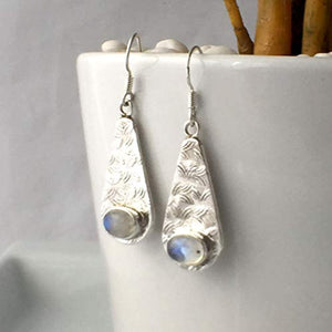 Genuine Adularescence MOONSTONE Gemstones, 925 Sterling Silver, Long (1.57" with hooks) Earring Jewelry.