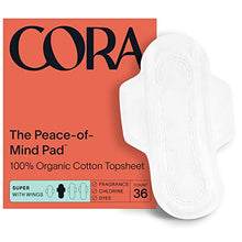 Load image into Gallery viewer, Cora Organic Pads | Ultra Thin Period Pads with Wings | Super Absorbency | Ultra-Absorbent Sanitary Pads for Women | 100% Organic Cotton Topsheet (36 Count)
