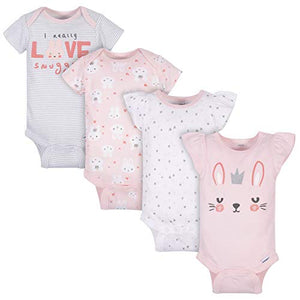 GERBER Baby Girls 4-Pack Short Sleeve Onesies Bodysuits, Pink Bunnies, 0-3 Months