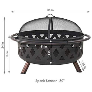 Sunnydaze Crossweave Outdoor Fire Pit - 36 Inch Large Bonfire Wood Burning Patio & Backyard Firepit for Outside with Spark Screen, Poker, and Round Fireplace Cover, Black