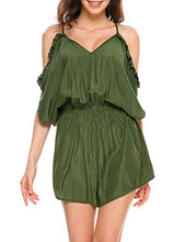 Load image into Gallery viewer, MOFAVOR Women's Romper Plain Summer Beach Cold Shouler Short Jumpsuits Green M Size
