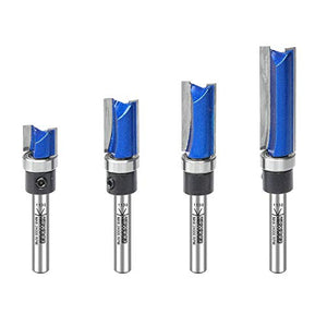 KOWOOD Plus Pattern Flush Trim Router Bit Set, 1/4 Inch Shank, Top Bearing Flush Trim Bit Kit. Cutting Height in 25/64”, 3/4”, 1”, 1-1/2”. With updated Kowood C3 Carbide. Great for trim shelf edging, veneer or laminates