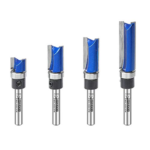 KOWOOD Plus Pattern Flush Trim Router Bit Set, 1/4 Inch Shank, Top Bearing Flush Trim Bit Kit. Cutting Height in 25/64”, 3/4”, 1”, 1-1/2”. With updated Kowood C3 Carbide. Great for trim shelf edging, veneer or laminates