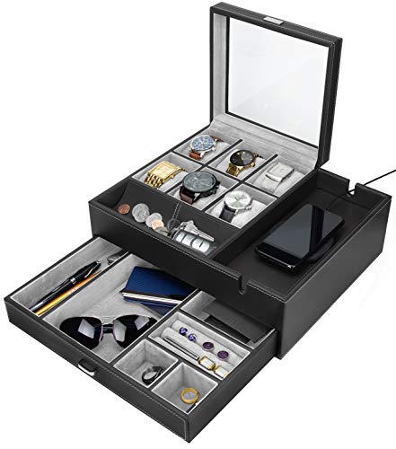 Load image into Gallery viewer, HOUNDSBAY Commander Dresser Valet Watch Box Case & Mens Jewelry Box Organizer with Smartphone Charging Station (Black/Gray)