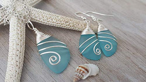 Handmade in Hawaii, Wire wrapped turquoise bay blue sea glass Necklace+Earrings Set,"December Birthstone", (Hawaii Gift Wrapped, Customizable Gift Message)