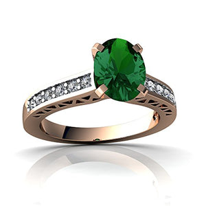 14kt Rose Gold Lab Emerald and Diamond 8x6mm Oval Art Deco Ring - Size 5.5