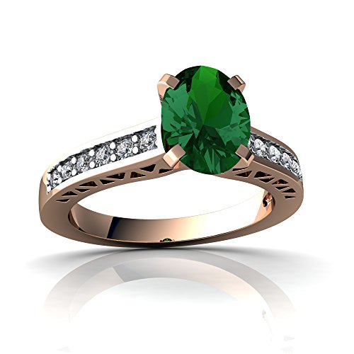 14kt Rose Gold Lab Emerald and Diamond 8x6mm Oval Art Deco Ring - Size 5.5