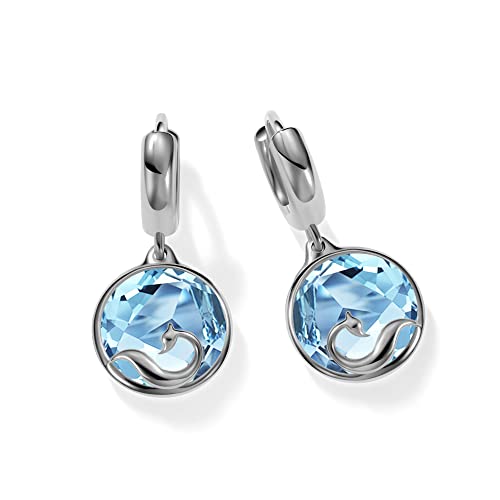 14K gold-plated sterling silverRound natural topaz earrings crystal drop earrings, natural crystal birthday stone grapple stone fox earrings, The best choice for gifts for women (Blue topaz, Sterling Silver)