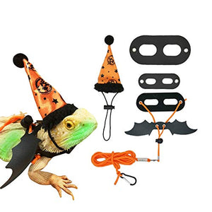 CheeseandU Halloween Bearded Dragon Lizard Leash Harness Hat Set - Bearded Dragon Clothe Halloween Pumpkin Hat + 1 Pack Bat Harness Leash for Bearded Dragon Lizard Reptile Small Pets