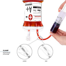 Load image into Gallery viewer, Blood Bag drinking. Set of 10 fake iv Blood Bags for Drinks, 11.5Oz, with Extra Syringe Set of 10 Labels and Clips. Drink pouches Halloween/Vampire/Zombie/Nurse Graduation/decorations Party suplies
