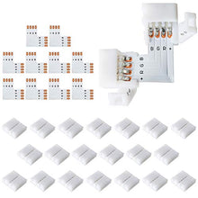 Load image into Gallery viewer, L Shape 4-Pin LED Connectors 10-Pack JACKYLED 10mm Wide Right Angle Corner Connectors Solderless Adapter Connector Terminal Extension with 22Pcs Clips for 3528/5050 SMD RGB 4 Conductor LED Light Strips

