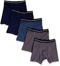 Load image into Gallery viewer, Amazon Essentials Men's 5-Pack Tag-Free Boxer Briefs, Charcoal/Dark Blue/Dark Navy, Small
