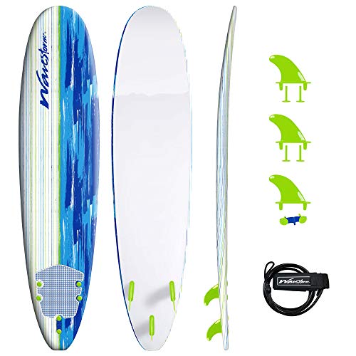 Wavestorm Classic Soft Top Foam 8ft Surfboard | Surfboard for Beginners and All Surfing Levels | Complete Board Set Including Accessories | Leash and Fins, Blue Brushed