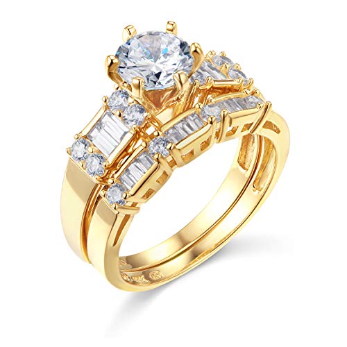 14k REAL Yellow Gold SOLID Wedding Engagement Ring and Wedding Band 2 Piece Set - Size 7