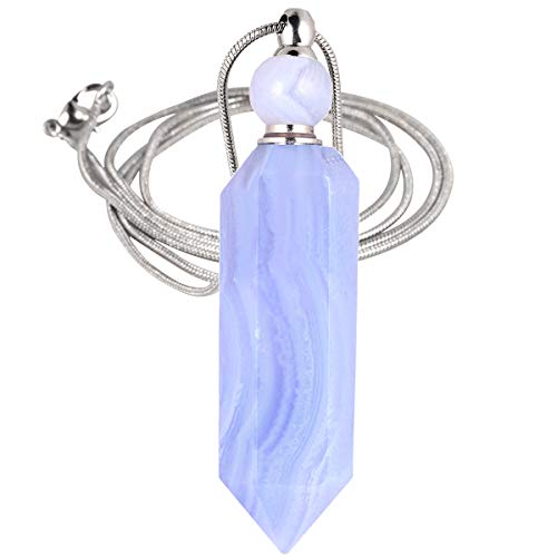 SUNYIK Blue Lace Agate Stone Essential Oil Diffuser Necklace for Women, Hexagonal Pointed Healing Crystal Perfume Bottle Pendant with Chain for Men, 28