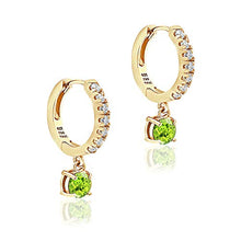Load image into Gallery viewer, Yellow Gold Flashed Sterling Silver 5mm Peridot &amp; White CZ Dangle Huggie Hoop Earrings for Women Teen Girls, 15mm Diameter
