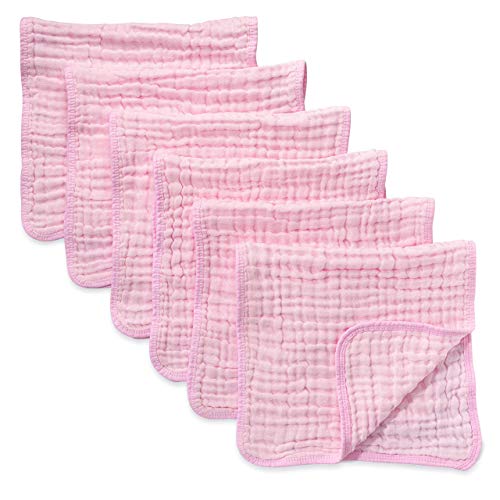 Muslin Burp Cloths 6 Pack Large 100% Cotton Hand Washcloths 6 Layers Extra Absorbent and Soft (Pink, Pack of 6)