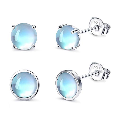 Fansilver 2Pairs Moonstone Stud Earrings for Women Sterling Silver Studs Rainbow Moonstone Earrings 6mm Round Moonstone Earrings Stud for Sensitive Ear Hypoallergenic