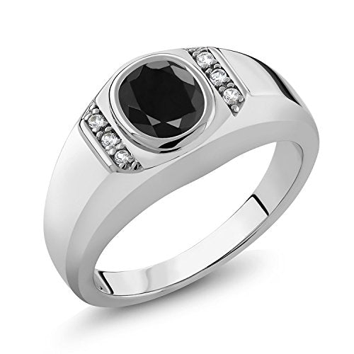 Gem Stone King 1.72 Ct Oval Black Sapphire White Created Sapphire 925 Sterling Silver Men's Ring (Size 11)
