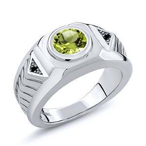 Gem Stone King 1.95 Ct Round Green Peridot Black Diamond 925 Sterling Silver Men's Ring (Size 8)