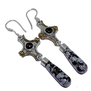 Silver Palace 925 Sterling Silver Natural Snowflake Obsidian,Black Onyx Drop Dangle Earrings for Women