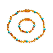 Load image into Gallery viewer, Baltic Proud Amber Necklace and Bracelet Gift Set (Unisex Cognac Turquoise 12.5 Inches/5.5 Inches) - Certified Premium Quality Raw Baltic Sea Amber
