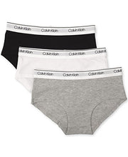 Load image into Gallery viewer, Calvin Klein Big Girls' Kids Modern Cotton Hipster Underwear, Multipack, Heather Grey, Classic White, Black-3 Pack, Large
