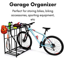 Load image into Gallery viewer, BirdRock Home 3 Bike Stand Rack with Storage – Metal Floor Bicycle Nook – Great for Parking Road, Mountain, Hybrid or Kids Bikes – Garage Organizer - Helmet - Sports Storage Station - Black
